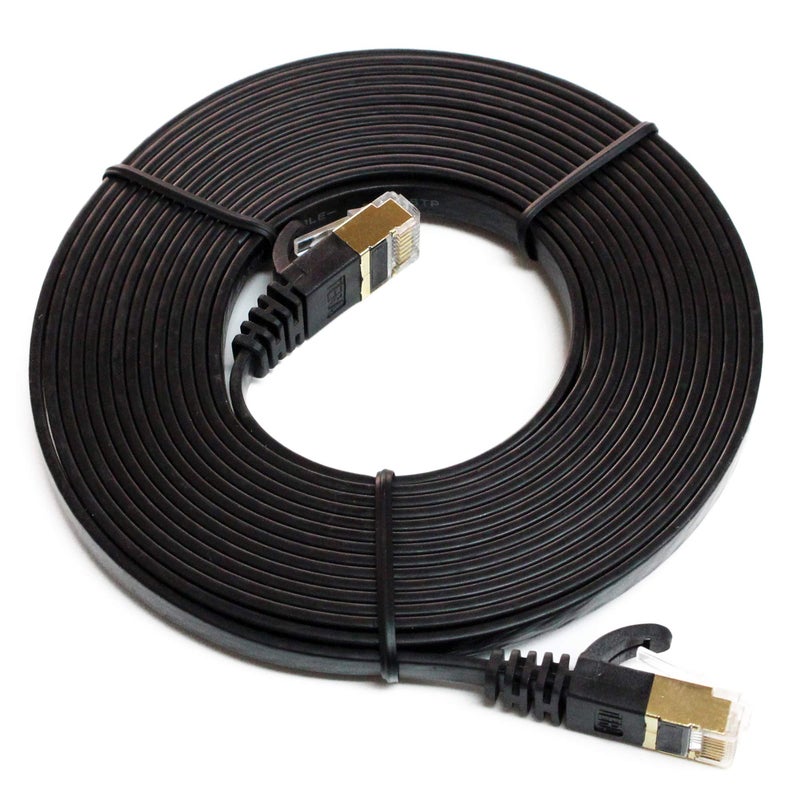 Tera Grand - 12FT - CAT7 10 Gigabit Ethernet Ultra Flat Patch Cable for Modem Router LAN Network, Gold Plated Shielded RJ45 Connectors, Faster Than CAT6a CAT6 CAT5e, Black - Image 2